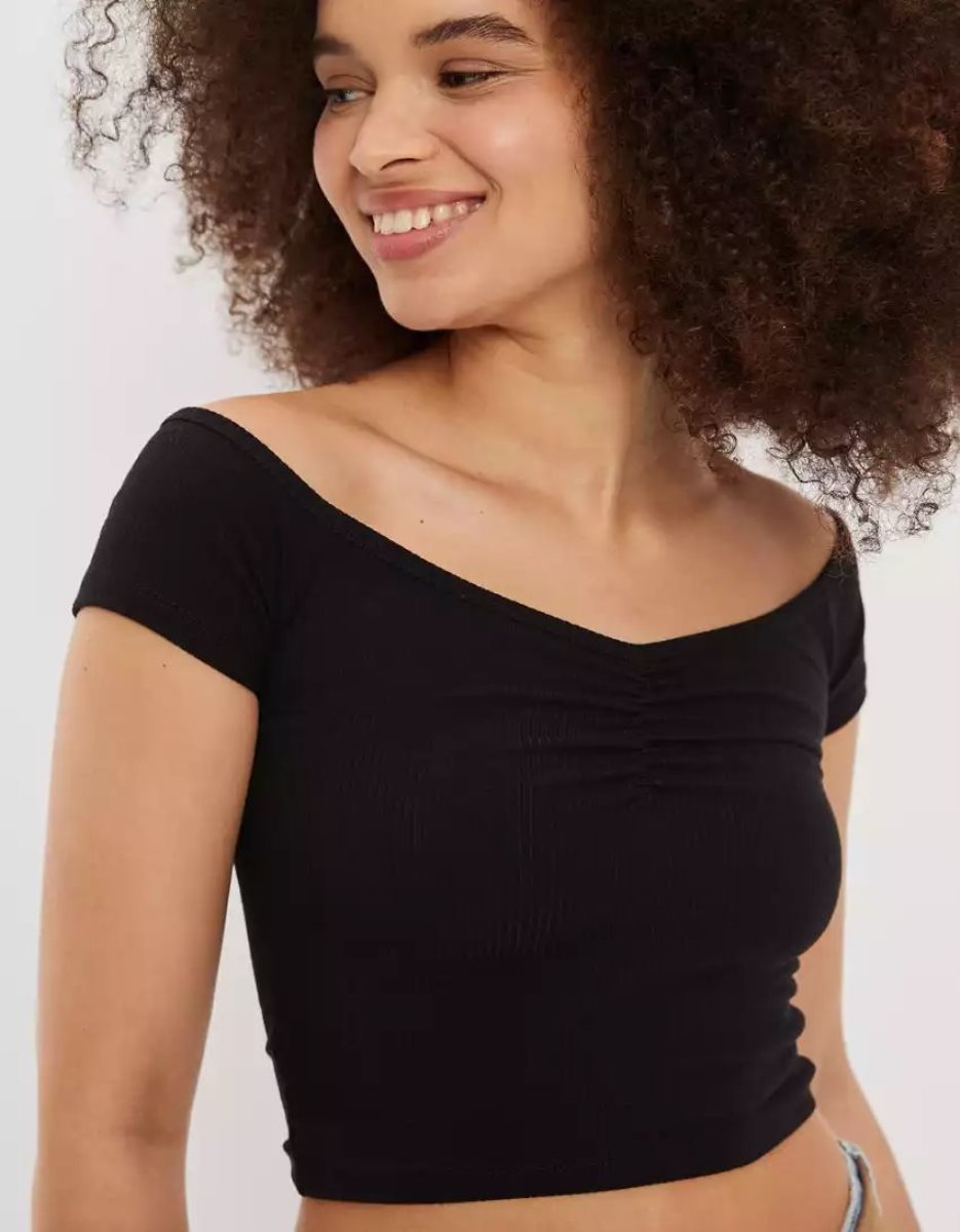 T Shirts American Eagle AE Cinch Off-the-Shoulder Tee Noir Femme | XPK-25322387